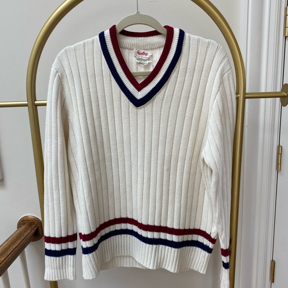 Rawlings White V-Neck Sweater with Red and Blue Stripes